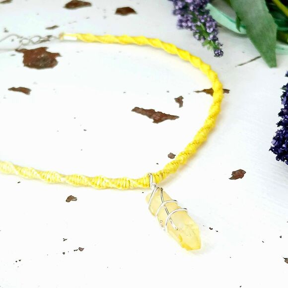 Aura Quartz Macrame Crystal Choker Necklace, Yellow Dainty Boho Chic Minimalist - Picture 2 of 7